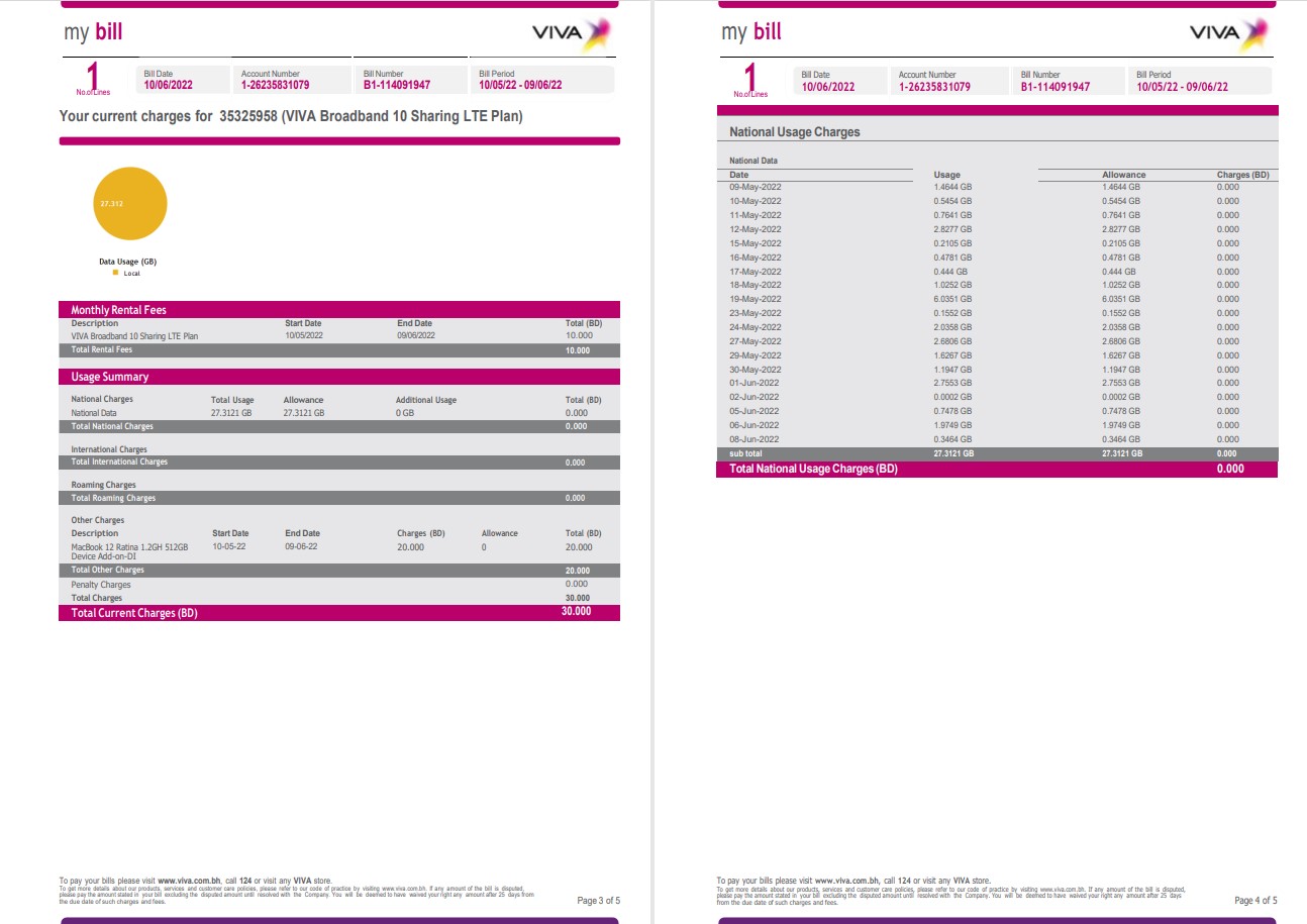 Bahrain Viva my utility bill Word and PDF template, 5 pages 3 4